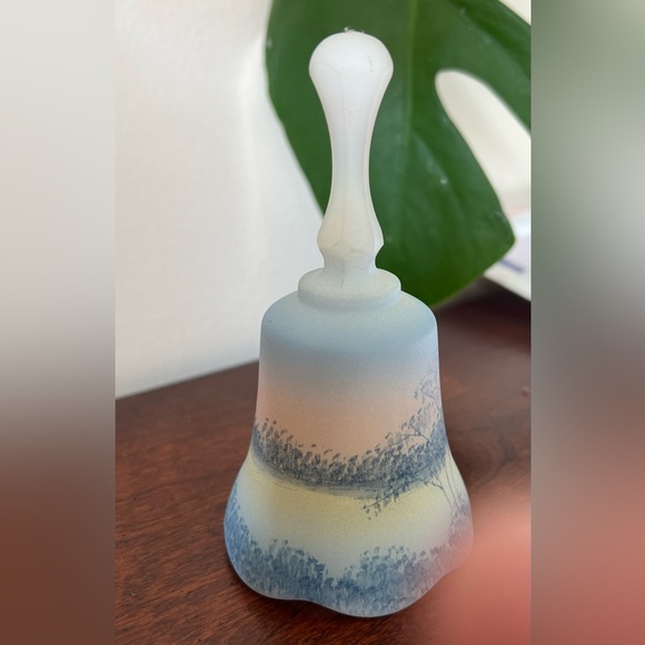 Fenton Vintage Signed Art Glass Blue Satin Hand Painted Bell So Gently He Comes - Picture 5 of 10